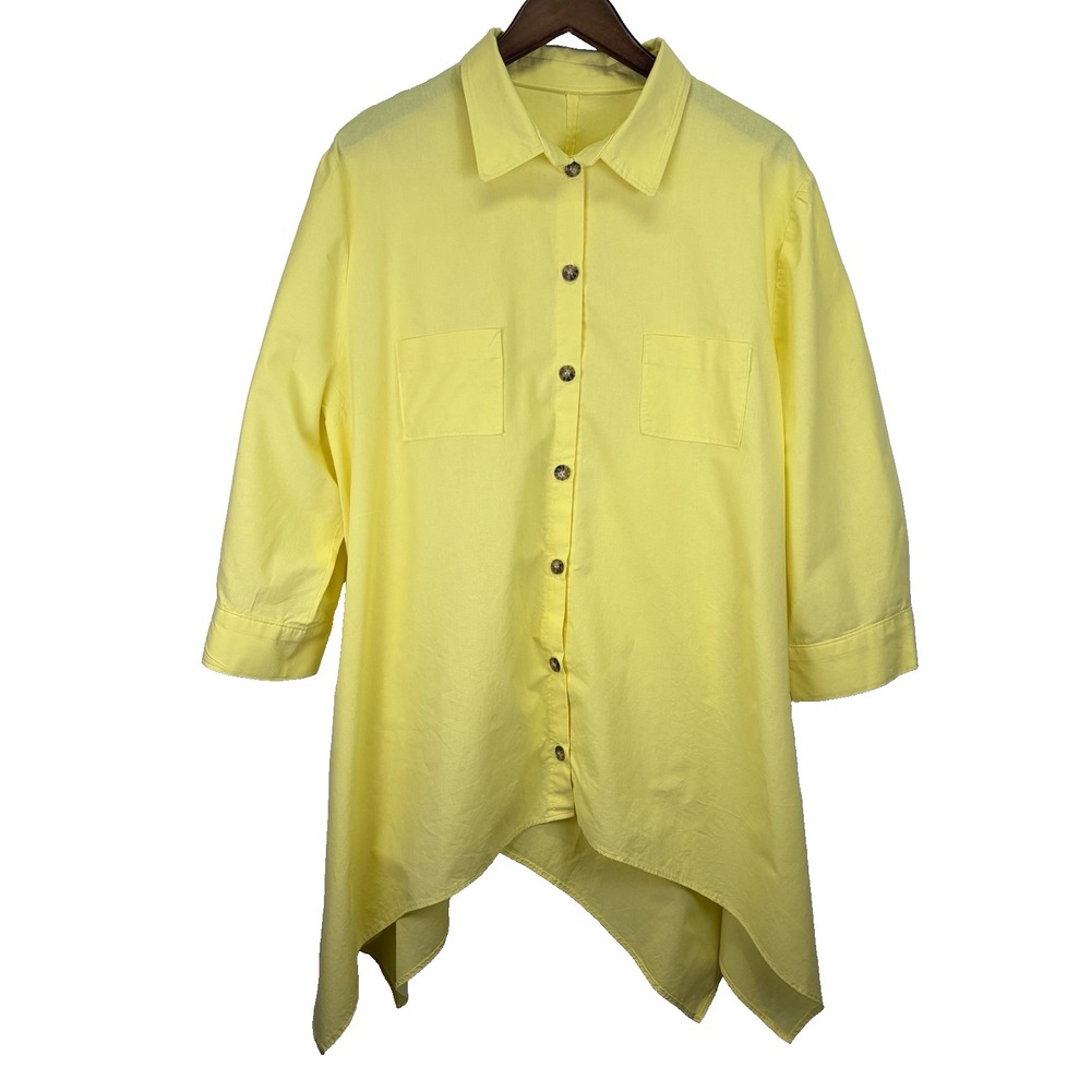 Woman's Oversized Button up Blouse Size 2X Butter Yellow Lagen look A Symetric‎